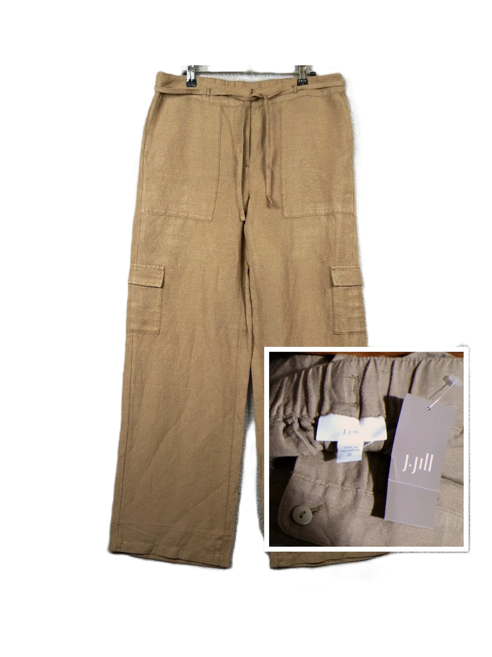 J JILL Wide Leg Linen Pants 20 plus sz Cargo Tan Brown &tie belt utilitarian NWT